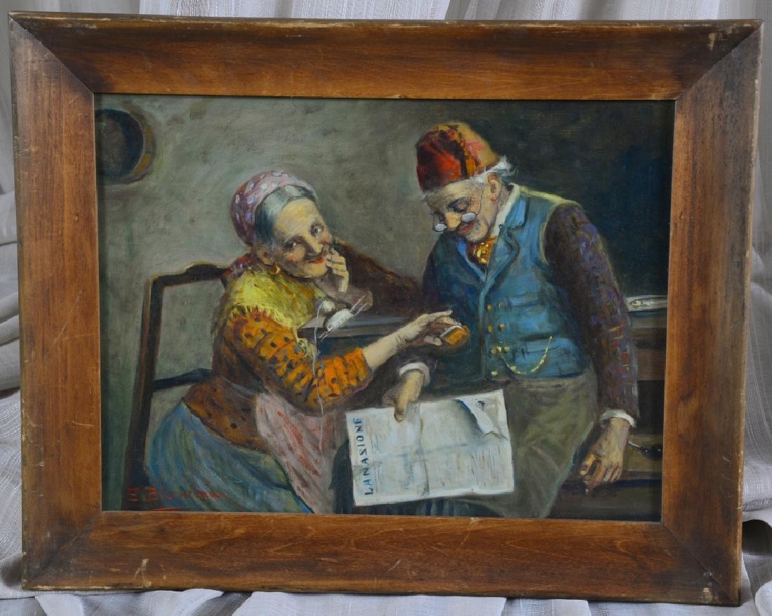 E. Bianchini Painting on Board of Older Couple: Woman taking change purse from sleeping man, tagged on back Mollbrook Picture Framing Fine Art Reproductions, sight 11 1/8" high x 14 3/4" wide, framed 15 1/8" high x 19" wide.