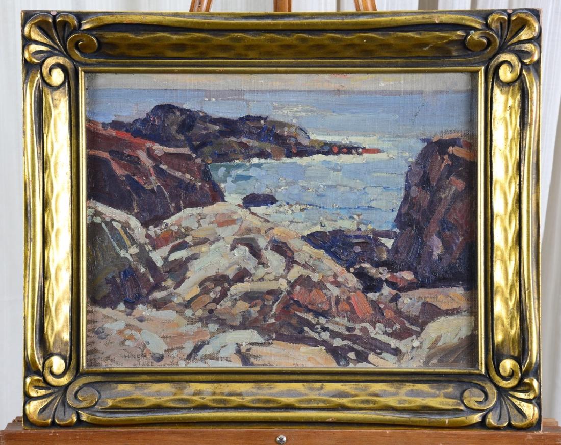 William Lester Stevens Painting on Board: Rocky Seashore in especially nice frame, signed lower left, sight 15 1/8" high x 11 1/4" wide, framed 16" high x 19 3/4" wide.