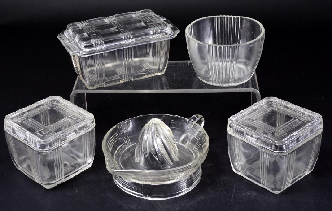 Vintage Covered Refrigerator Dishes, Bowl & Reamer: Largest covered rectangle 7" long, square covered 4 1/4".