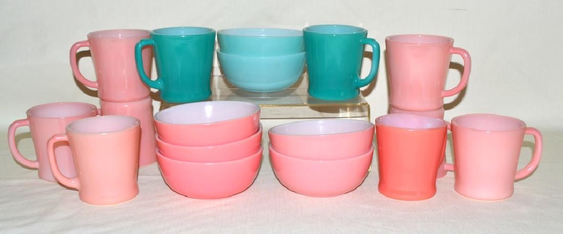 Hazel Atlas, Glassbake & Anchor Hocking: Inc. 7 Hazel Atlas 4 3/4" diameter bowls, 6 Glassbake pink mugs and 4 Anchor Hocking Fire King Mugs.