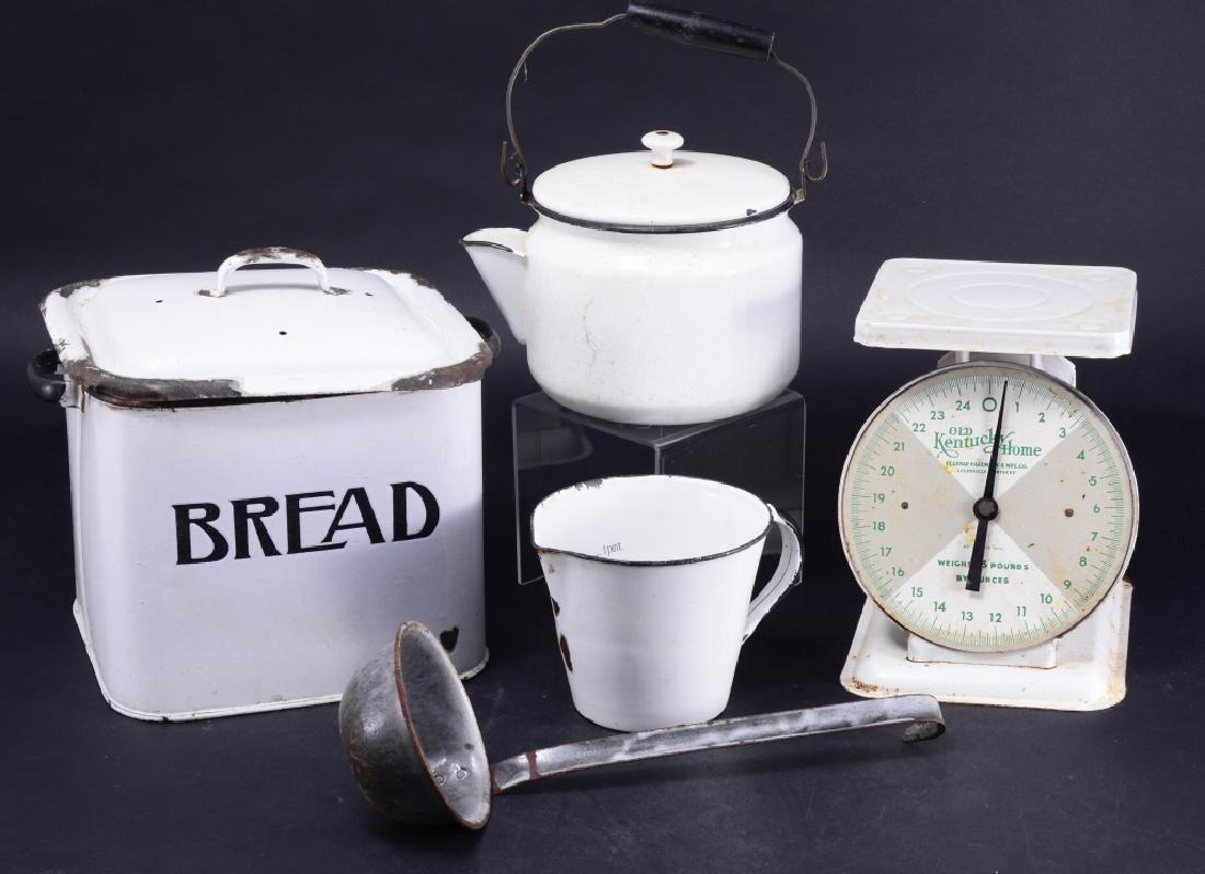 Vintage Scale & Enamel Ware: Old Kentucky Home Belknap Hardware scale; white enamel coffeepot w/bail handle, 1 pint measuring cup, 6" tall narrow pitcher & covered bread 8" x 9" x 8 1/2" tall and gray ladle. As found.