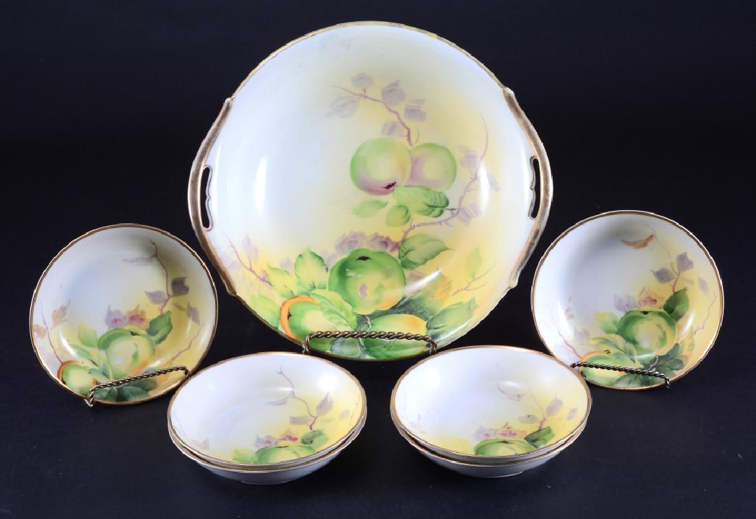 Nippon Hand Painted Berry Bowl & 6 Fruit Bowls: Gold trim double-handle bowl 10.5"D. and 6 gold trim fruit bowls 5.25" D.