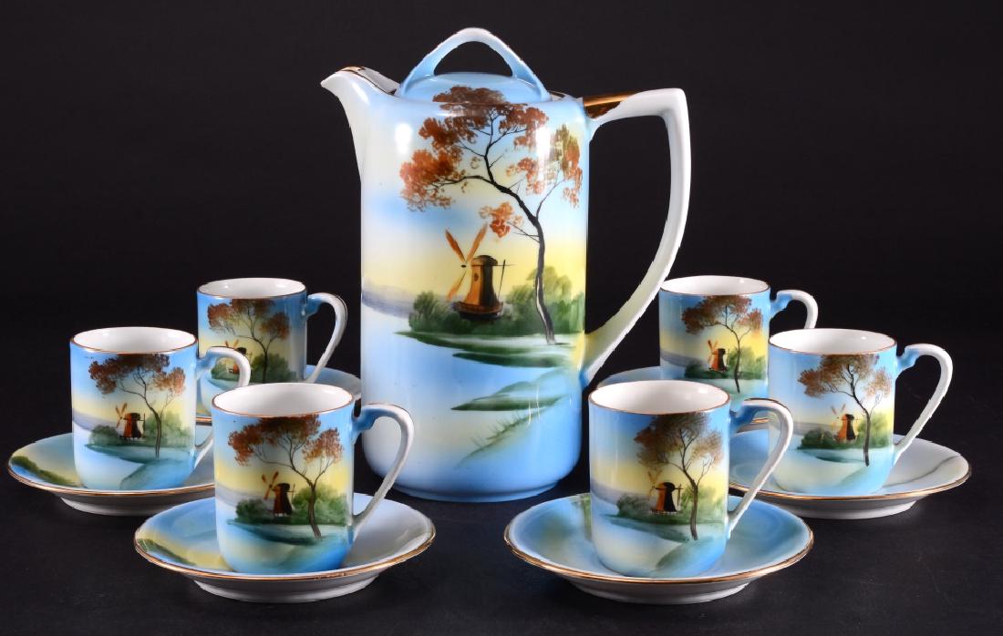 Noritake Coffee Pot & 6 Demitasse Cups & Saucers: Noritake Morimura Hand Painted landscape w/windmill decoration, Japanese, coffee pot 8.5" tall.