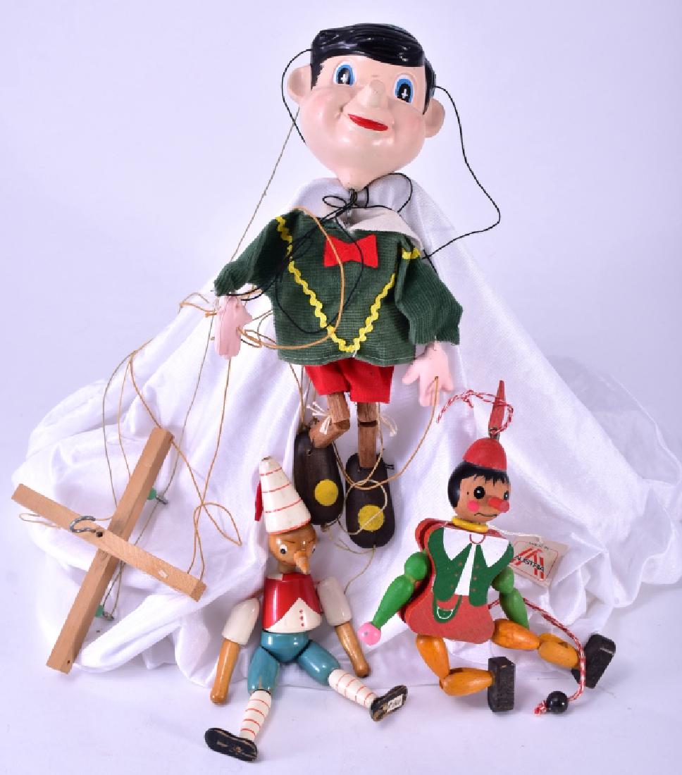 Pinocchio Porcelain Marionette & Wooden Toys: Ceramic & wood marionette 9.5" long together w/strung toy and pull string puppet.