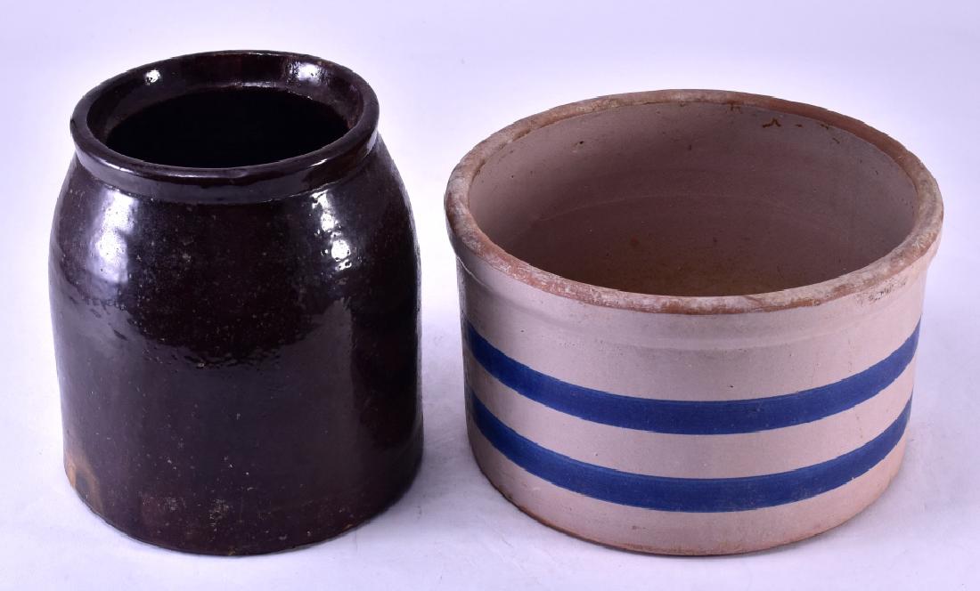 Brown Crock & Crock w/Blue Stripes: Bean pot 8" high, striped crock 9.5" diameter.