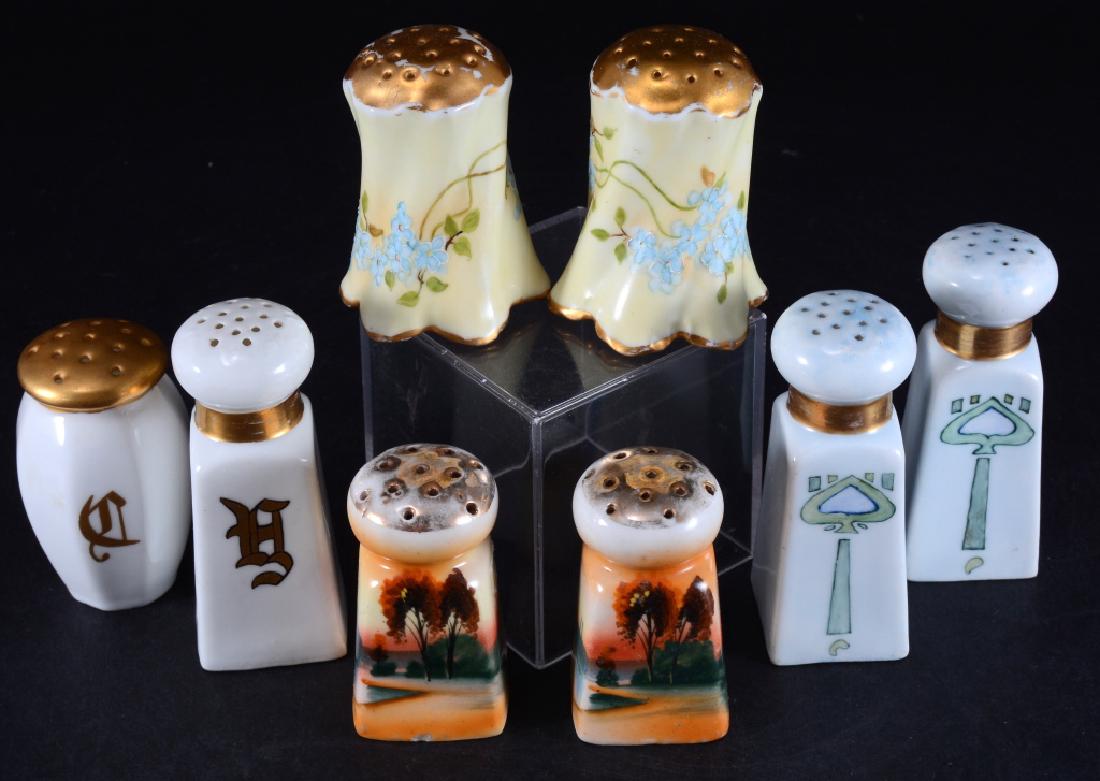 8 Porcelain Hand Painted Salt & Peppers: Three true sets, shortest set 2 5/8" high.