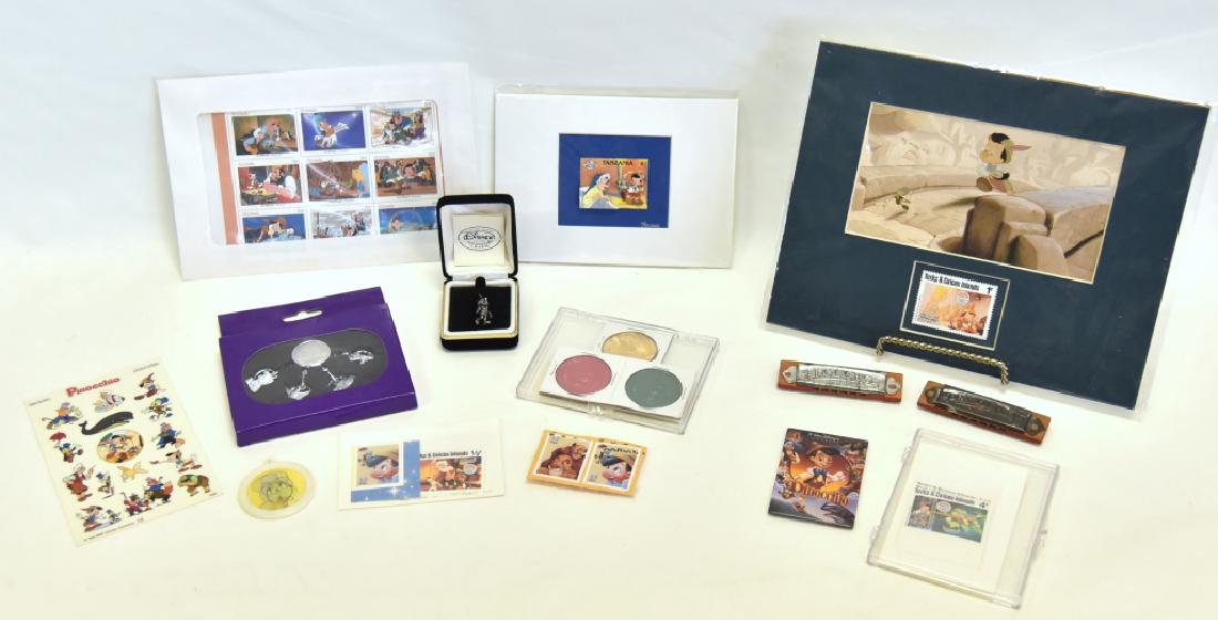 Pinocchio Charm, Stamps, Harmonicas & Keychain: Mint in box charm plus stickers, magnet & collector coins.