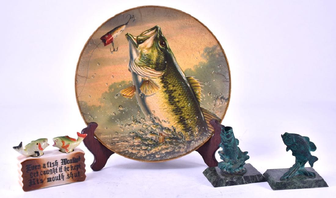 Fish Salt & Pepper, Enesco Fish & Hautman Plate: Salt & pepper nodders, James Hautman 10" diameter plate.