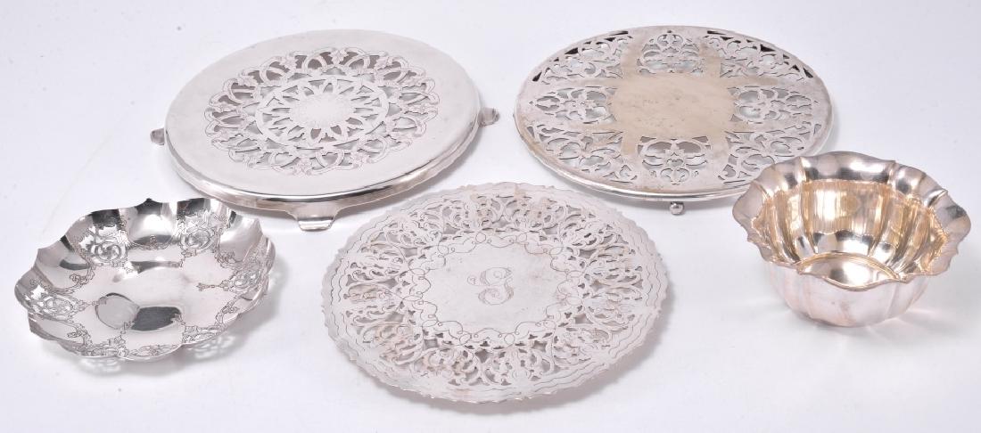 Silverplate Trivets & Bowls: Bowl 4.5" D x 2" Tall, pierced bowl 5.75" D & 3 pierced trivets 8" diameter.