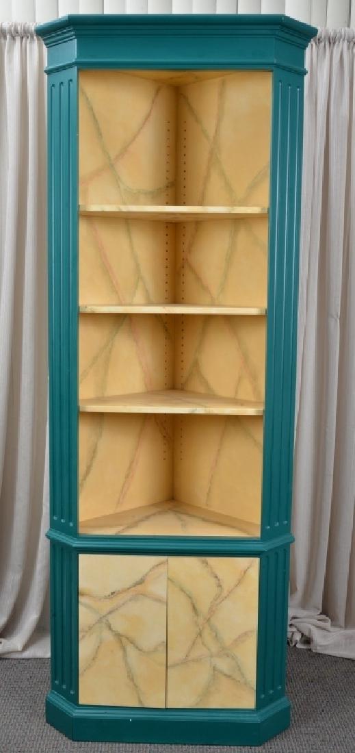 Green Corner Cabinet w/Marbling Accents: 3 adjustable shelves, 86.75" high x 28.25" wide.