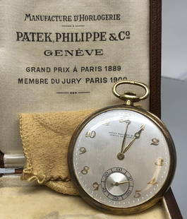 18K Patek, Philippe & Co. Pocket Watch: Geneva, Switzerland, 412228. In original fitted box, as found. 1.5" face. Examined by local jeweler, watch 80% of original condition.