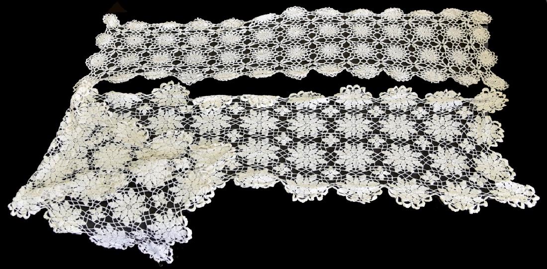 2 Crochet Table Runners: Crochet runner 66" long x 16" wide, crochet runner 48" long x 13" wide