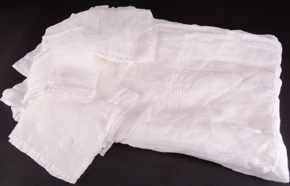 Linen Tablecloth & Napkins: Applique open needlework, China, 1973. 78" long x 60" wide & 12 napkins 14" x 14".