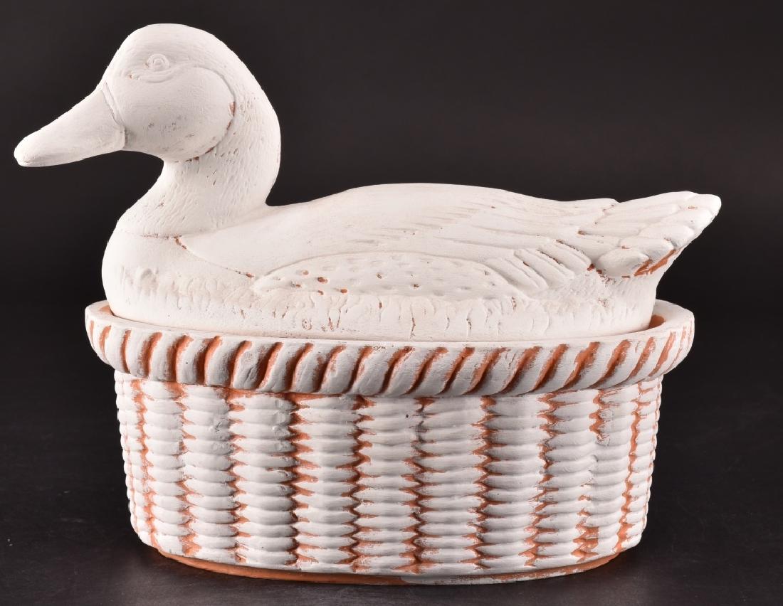 Terracotta Duck Covered Oval Casserole Dish: 8 1/8" tall.