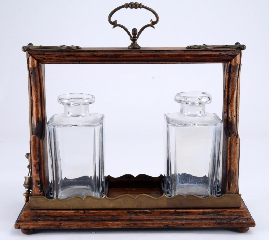 Vintage Wood Tantalus: Inc. 2 decanters w/out stoppers, lock and key, 14" tall x 14.5" wide x 5.25" deep.