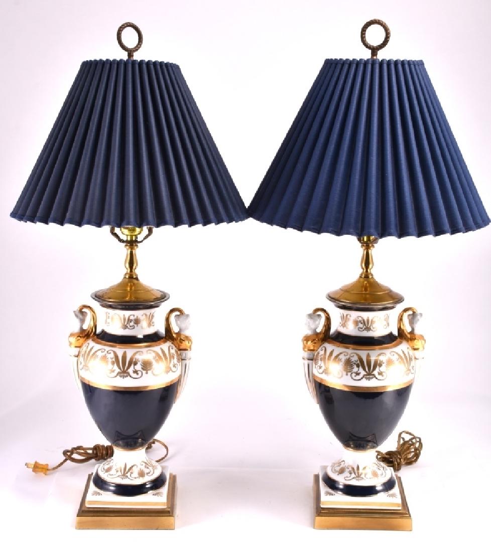 2 White, Cobalt & Gold Urn Shaped Ceramic Lamps (1 of 4)