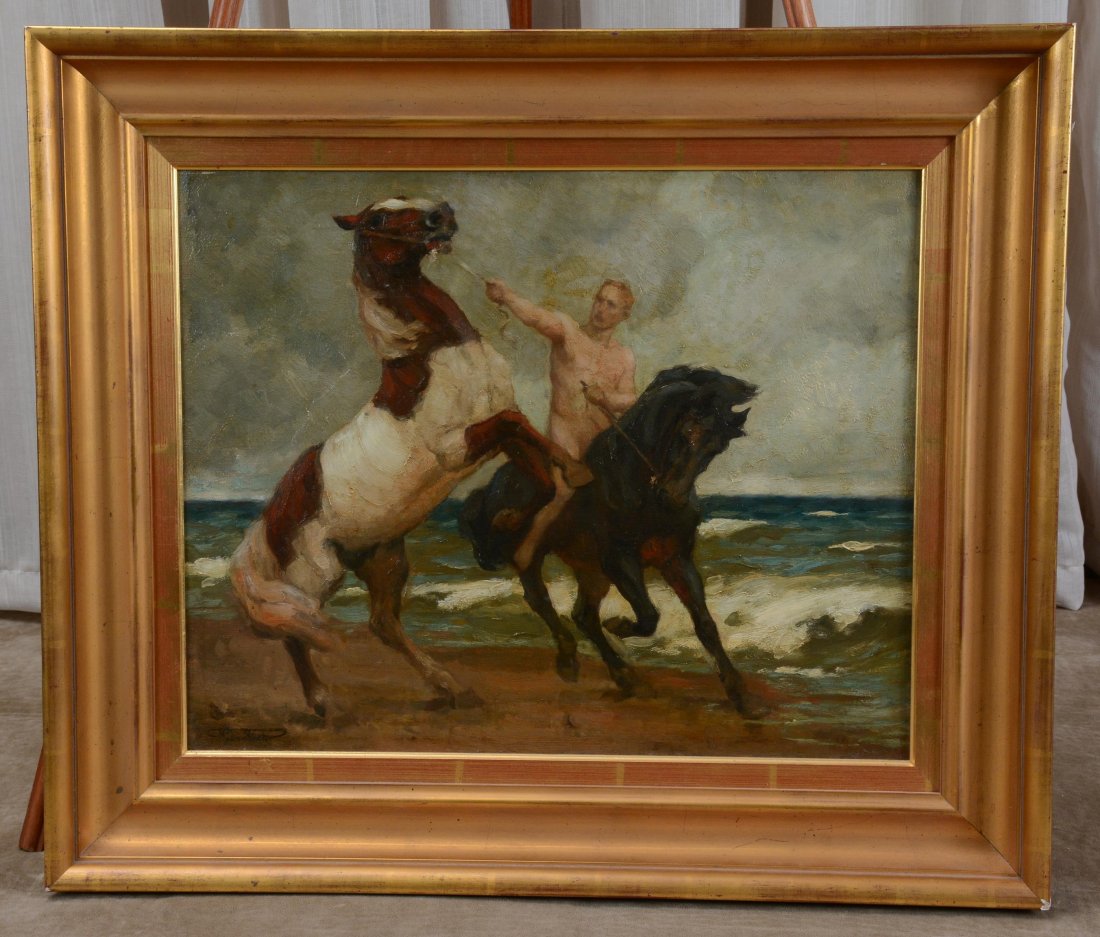 Franz Muller-Munster Nude Man & Horses Oil Painting: Franz Muller-Munster (1867-19336) pupil of the Berlin Academy is a painter of genre and history writer in Berlin, signed work lower left, on canvas, sight 18.25" high x 22.5" wide, framed 26.25" high 