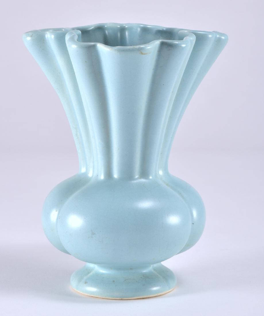 Ruffled Top Edge Bulbous Base Ceramic Vase: Unmarked, 6 5/8" tall.