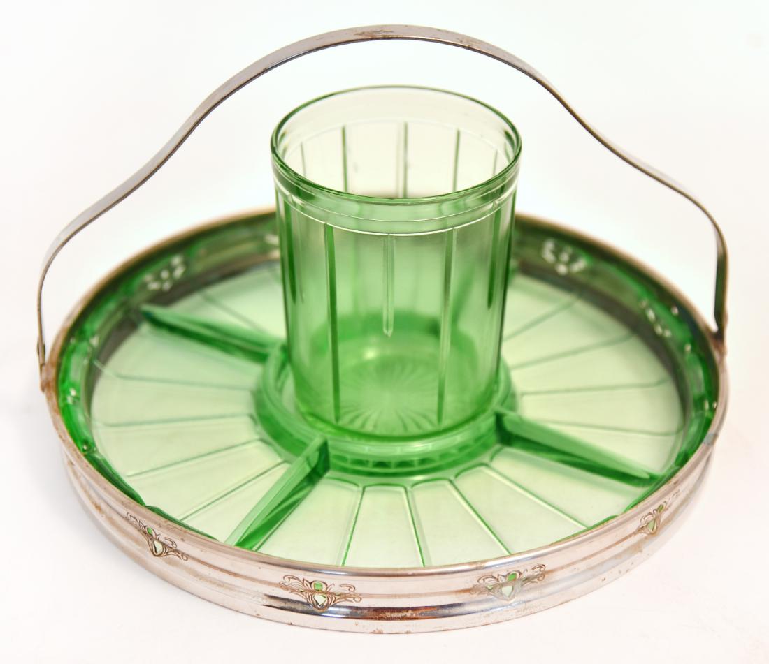 Green Glass Jar & Divided Dish w/Metal Basket (1 of 3)