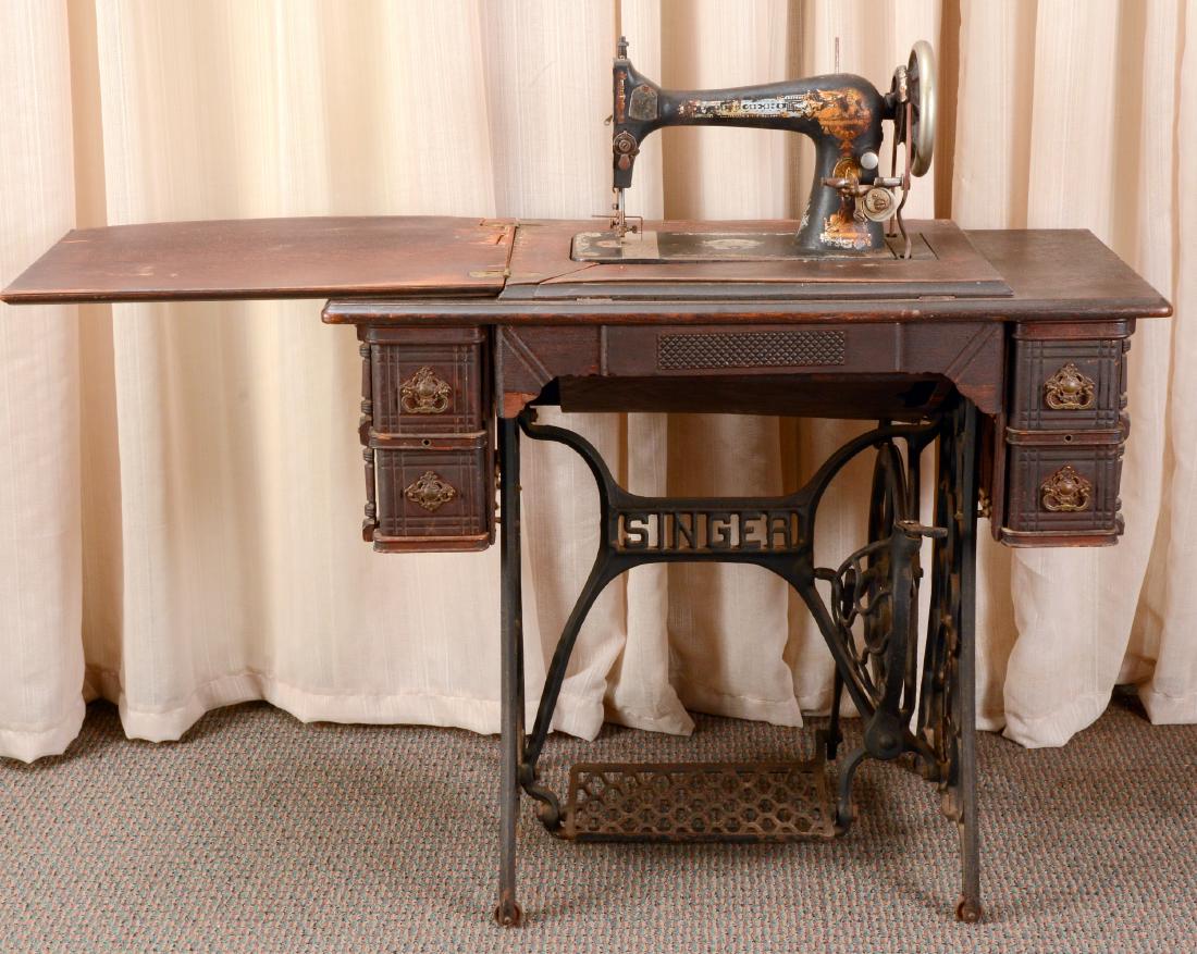 Single Treadle Cabinet & Machine: 36.25" wide x 18" deep x 30.5" high. As found.