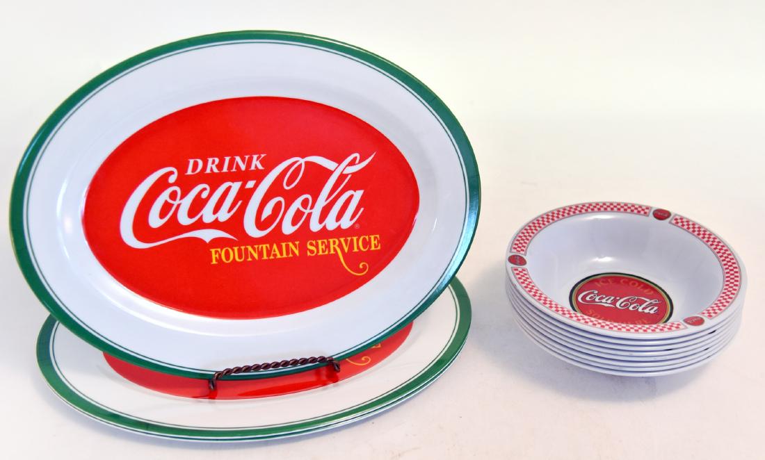 Gibson Plastic Coca-Cola Logo Trays & Bowls: 3 oval trays ,13.75" long & 8 bowls 7.25" diameter.