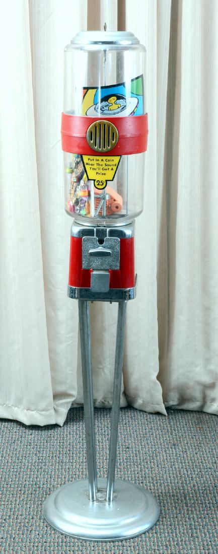 Vtg. McPhail Talking Vendor Toy/Gumball Dispenser: On stand, 1981, 49 5/8" tall.