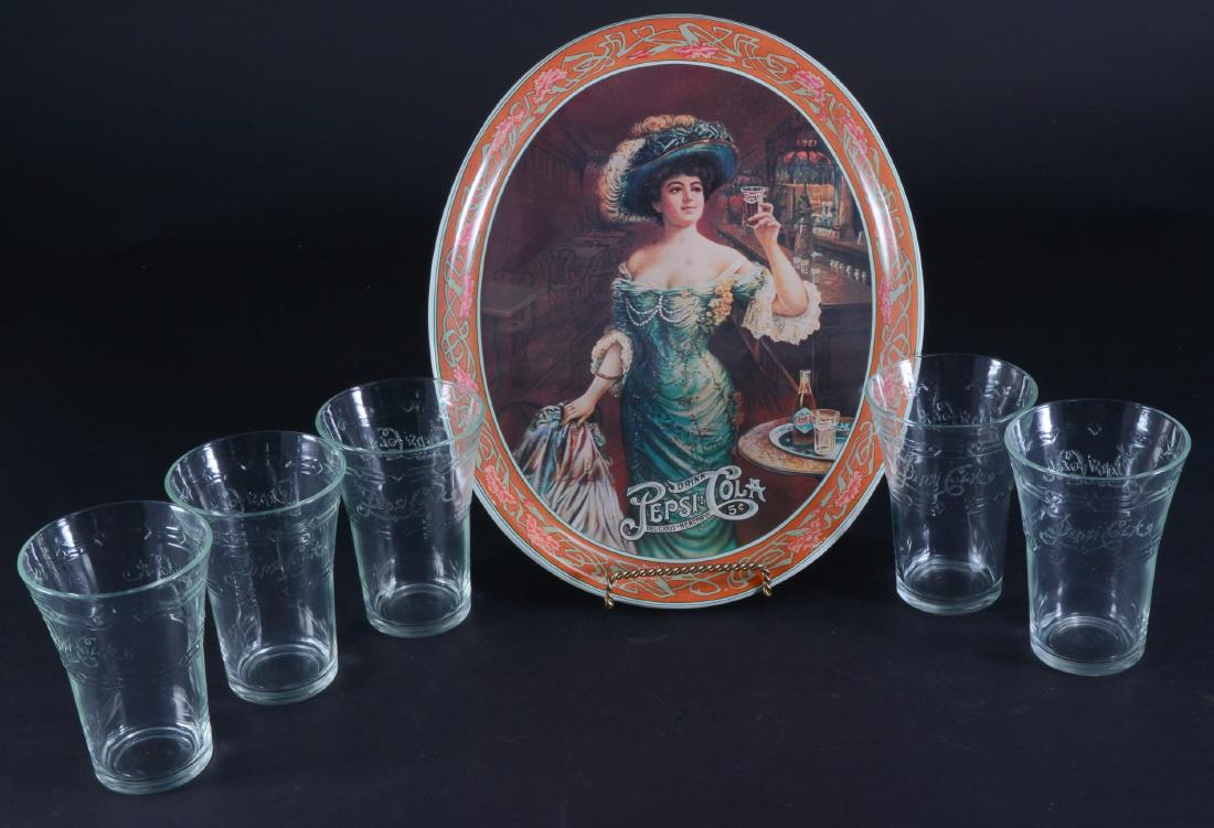 5 Pespi Cola Glasses w/Metal Oval Pepsi Tray (1 of 1)