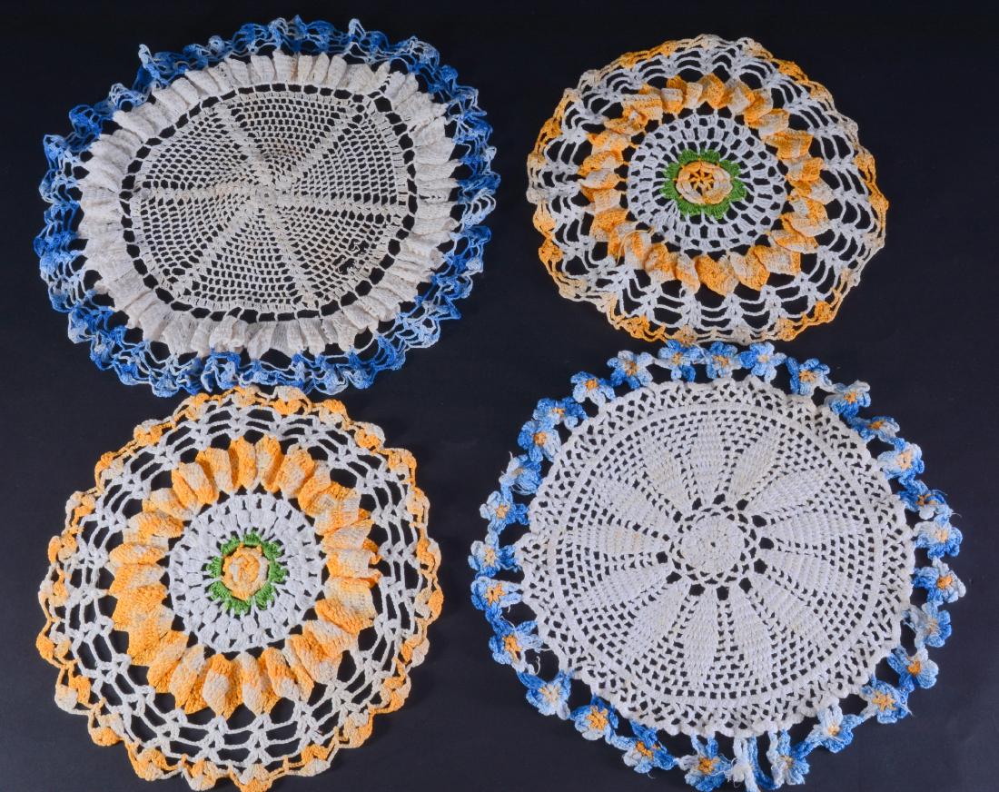 Blue, Yellow & Green Crochet Doilies: Hand made, 10" - 13.5" diameter.