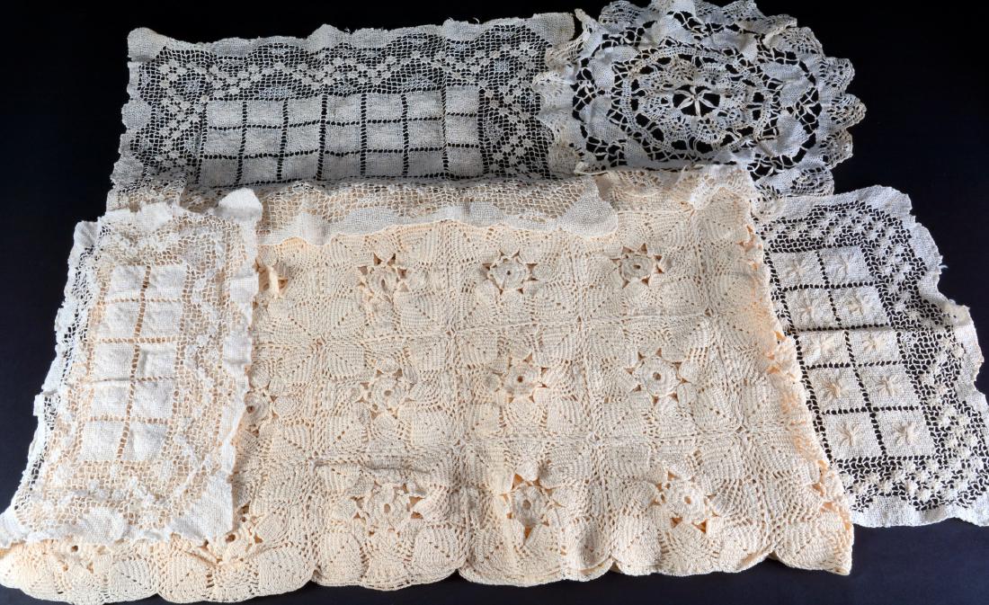 Crochet Tablecloth & Bobbin Lace Doily & More: Tablecloth 55" wide x 62" long, bobbin lace doily 13" diameter, bobbin lace placemats 20" long x 12" wide & 12.5" long x 7.5" wide. As found.
