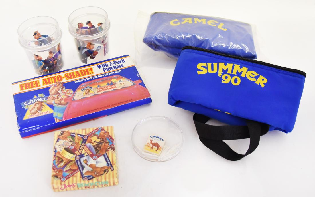 Joe Camel Insulated Can Cooler Slings & More: Inc. Joe's Beach Club coaster sert in box, 2 ThermoServ tumblers, Camel 75th Birthday Auto-Shade in package & Camel Filters game.