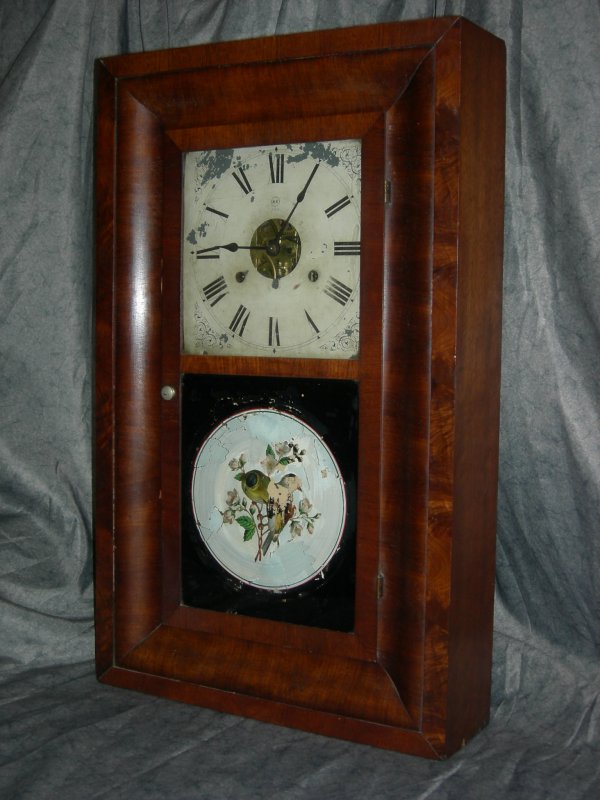 Antique Seth Thomas Ogee Mantle Clock: 19th Century Seth Thomas Ogee Mantle Clock, Handpainted Metal Face, Chimes on the Hour, Reverse Painted Glass Reserve of Birds, Made in Thomaston, Conn., Clean, Oiled and in Good Running Order, 15.5"