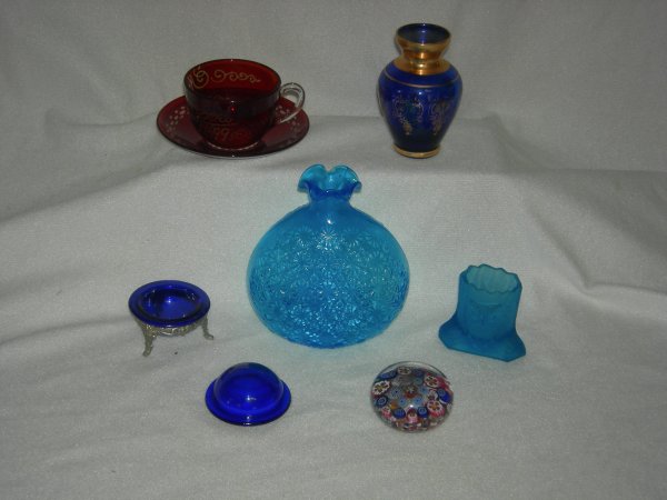 Colored Glass Lot: Colored Glass Lot Including Red Flashed Souvenir Cup & Saucer, May 1899; Millefleur Paperweight, 2.5" Diameter; Colbalt Vase w/Gold Decoration, 4" Tall; Satin Glass Owl in Stump Toothpick Holder, 2.5"