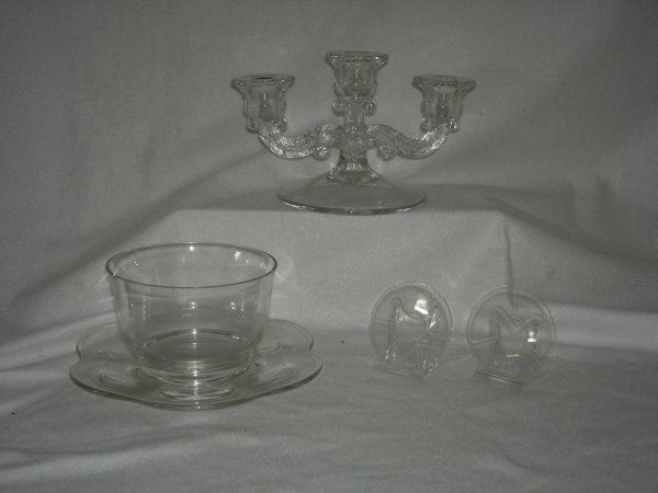 Glass Dining Table Accessories: Glass Dining Table Accessories Including 3-Arm Candlestick Holder, 8: Long x 5" Tall; 2 Bobeches; 2-Piece Mayonnaise Dish 5" Diameter on Scalloped Saucer 7.75" Diameter.