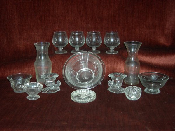 Glass Lot: Glass Lot Including 4 Brandy Snifters, 3.5" Tall; 2 Mini Carafes, 6.5" Tall; 3 Bowls: Hazel Atlas 6.75" Diameter, Etched Floral 4.5" Diameter, Circle Pattern 3.75" Diameter; 1 Decorated Salt, 1.5" Tal