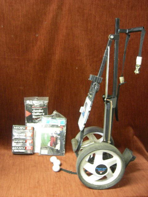FAIRWAY FLYER GOLF CADDY: Golf Caddy w/Towels, Golf Bag Rain Cover, 12 Mint in Box Maxfli Golf Balls.