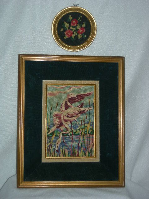 PETIT POINT NEEDLEWORK PIECES: Petit Point Flamingos, Shadow Box Framed 12.5"T X 10.25"W; Petit Point Flowers, 4.5"D.