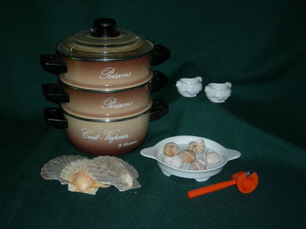 FRENCH COOKING LOT: French Cooking Lot Including Stackable Fish & Vegetable Steamer, 12"T; Escarcot Dish w/13 Snail Shells, 3 Baking Shells for Couquilles St. Jacques, 2 Porcelain Pillivuyt Bird Egg Cups, Orange Vegetabl