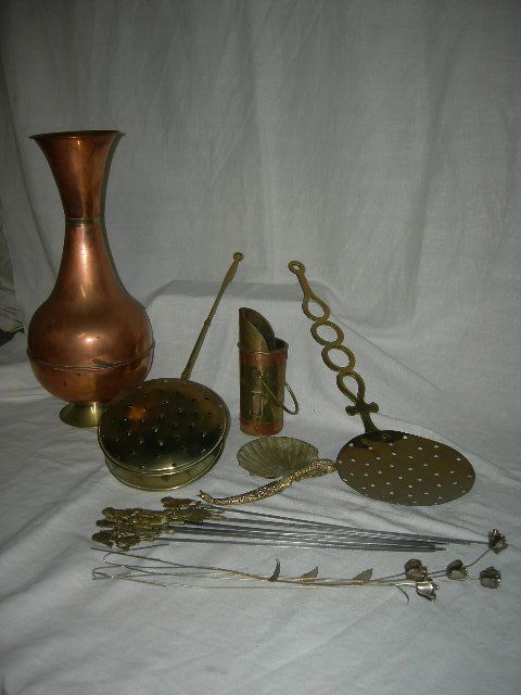 BRASS & COPPER LOT: Brass & Copper Lot Including 18.5"T Brass & Copper Footed Vase and Fireplace Match Holder; 21.25"L Pierced Wall Hanging; 21"L Pierced Round Brass Bed Warmer Box w/Hinged Lid; 8 Shish-Ka-Bob Skewers w/