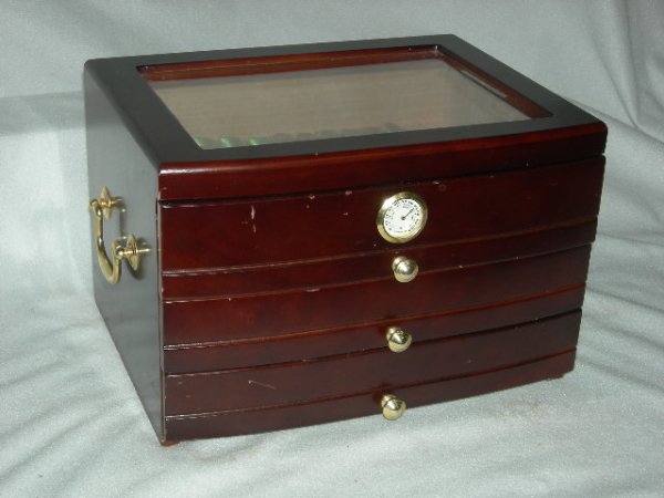 CIGAR HUMIDOR w/CIGARS: Wooden Cigar Humidor w/Glass Lid & Hygrometer, 2 Handles, 3 Drawers, 13"W X 10"D X 8.5"T; Inc.11 Hand Made Cigars: 6 Cuesta Rey Republica Dominicana, 7"L, 5 A Fuente Gran Reserva, 7"L.