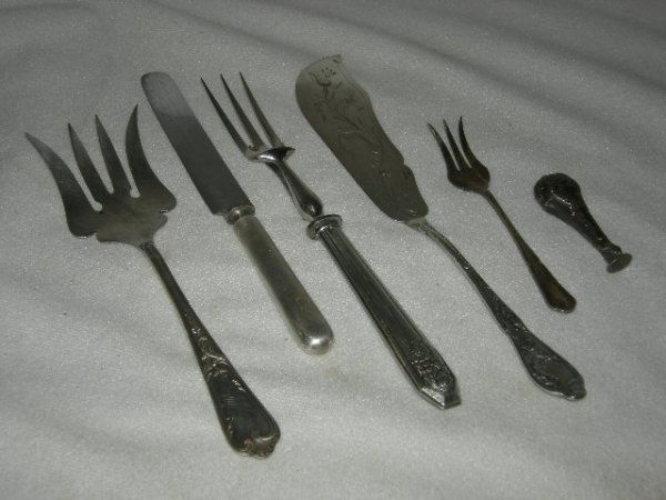SILVERPLATE SERVING UTENSILS: Silverplate Serving Utensils Inc. Ercuis 30 Meat Fork, 9.5"L; Boulenger Fish Knife, 11.5"L; E. Hartmann 30 Knife, Monogrammed AK; Acier Extra Carving Knife w/Stand; Lemon Fork; Envelope Wax Sealer w/M