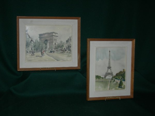 2 FRAMED SIGNED FRENCH WATERCOLORS: 2 Framed, Signed Watercolors Depicting Scenes In Paris Inc. The Arc De Triomphe, Signed Herbelot, Sight 7.75" X 10", Framed 11.75" X 13.75" and The Eiffel Tower, Illegible Signature, Sight 9.25 X 7",