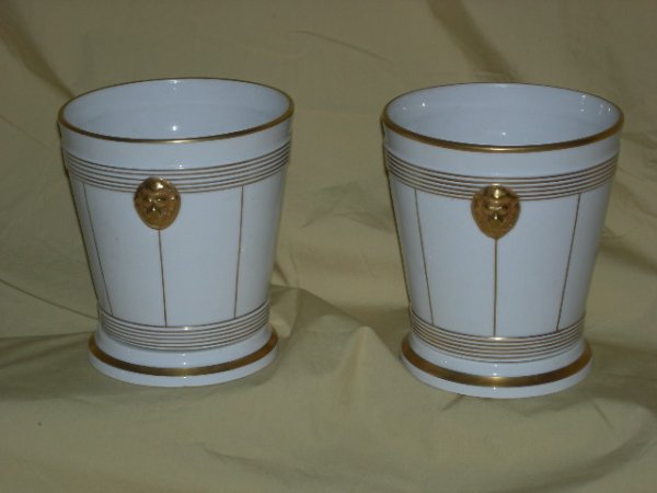 PAIR PLANTERS - PORTUGAL: 2 Planters w/Stands From Portugal, White w/Gold Trim & Lion Heads, 6.5"T.