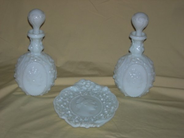 JENNY LIND MILK GLASS: Jenny Lind Milk Glass Dresser Set Including Pair of Stoppered Cologne Decanters (10.5"T) and One Oval Plate (11.25"L), 19th Century.