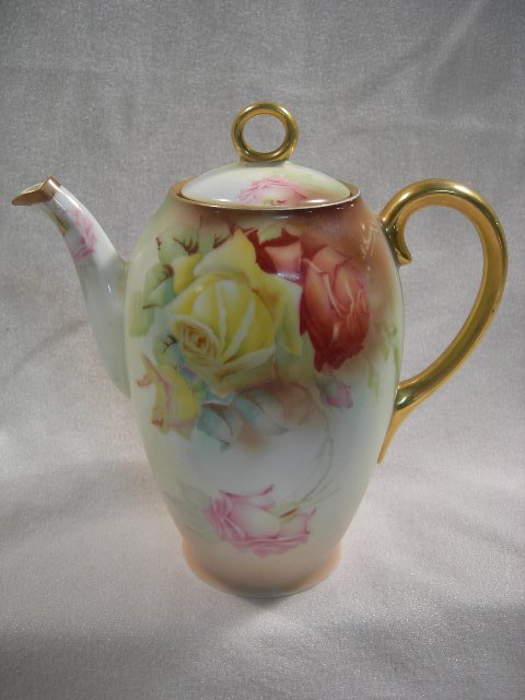 SIGNED BAVARIAN TEACOFFEEPOT: Signed Bavarian Tea/Coffeepot By A Greiner, Hand Painted Rose Design, Marked Sevres Bavaria 9.5"T.