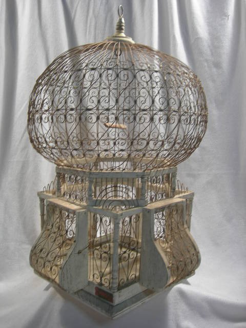 BIRDCAGE: Birdcage, Middle Eastern Design, Wire & Wood, Labeled L'ART TURNISIEN des CAGES A.SAMOUDA, 24"T.