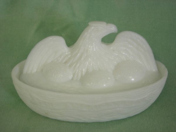 MILK GLASS COVERED EAGLE & EGGS BOX: Milk Glass Covered Eagle & Eggs Box, Eggs Labeled Porta Rica, Cuba, & Phillipians, Box Labeled "The American Hen", 6"L.
