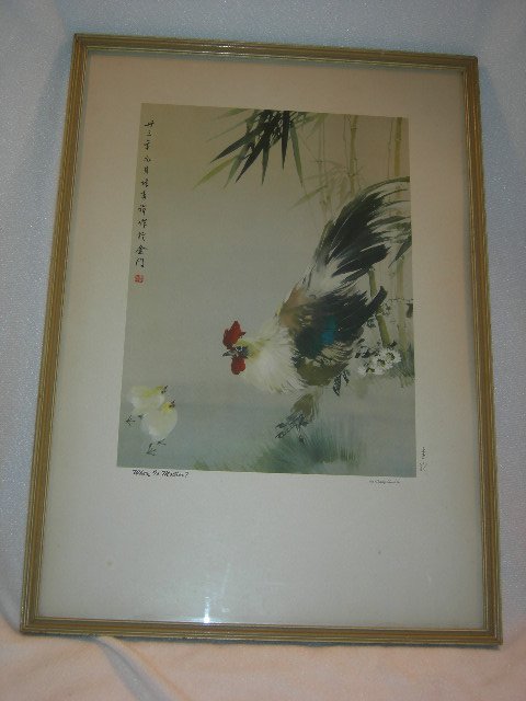 FRAMED SIGNED PRINT "WHERE IS MOTHER?": Framed Signed Print Under Glass, "Where Is Mother?", Signed Shang Shu-Chi, Rooster w/2 Chicks, 21"T X 14.75"W.