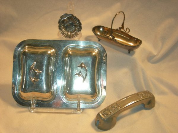 SILVERPLATE LOT: Silverplate Lot Inc. Scallop Shell Nut Dish, 3.5"D; Footed Basket, Marked W In Star On Spider Web, 7.25"L; Double Covered Serving Dish, Marked Silver On Copper, 11"L; Old Style Telephone Receiver Cove