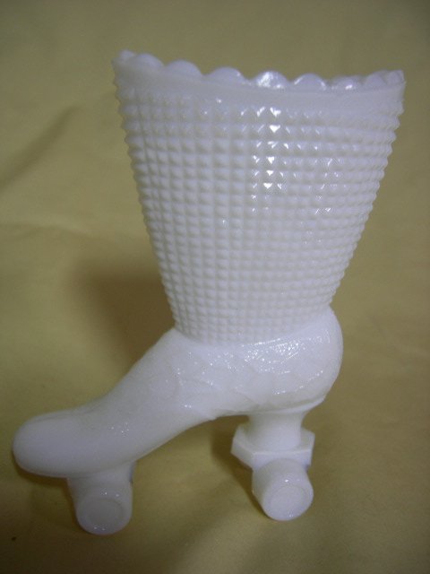 MILK GLASS ROLLER SKATE TOOTHPICK HOLDER: Milk Glass Roller Boot Toothpick Holder, Marked On Bottom Bottle Made in France, 4"T.