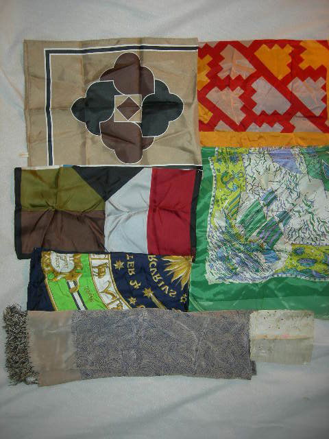 SIX SCARVES & HANDKERCHIEF: 6 Silk and/or Acetate Scarves (Smaller, Colorful Block One From Italy & Zodiac One Marked Bianchini Ferier Paris) Scarves Range 17.5"L - 42"L & Silk Embroidery & Cutwork Handkerchief, 10.5" X 10.5".
